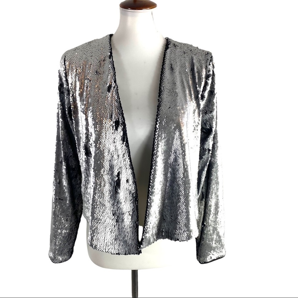 Chaser Sequin Sliver & Black Open Draped Jacket SZ S